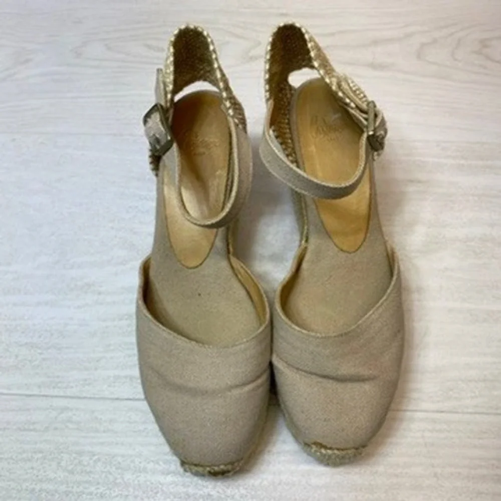 Castañer Women 6 36 Espadrille Wedge Sandal Ankle Strap Tan Canvas Jute Platform